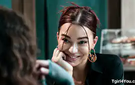 Busty shemale Emma Rose bangs her college gf in public cafe