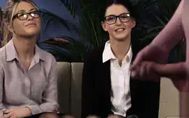 Two cute girls watch guy squirt his load